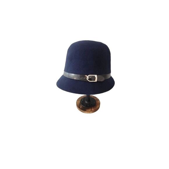 Navy Faux Wool Bucket Hat with Leather Band - Medium - Picture 1 of 11